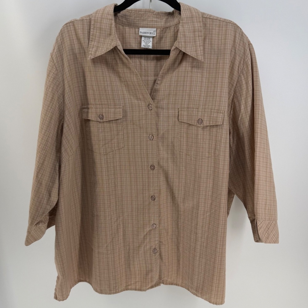 Fashion Bug Button Up Womens 26/28W Tan Plaid Career Grandma Lagenlook‎ Coastal